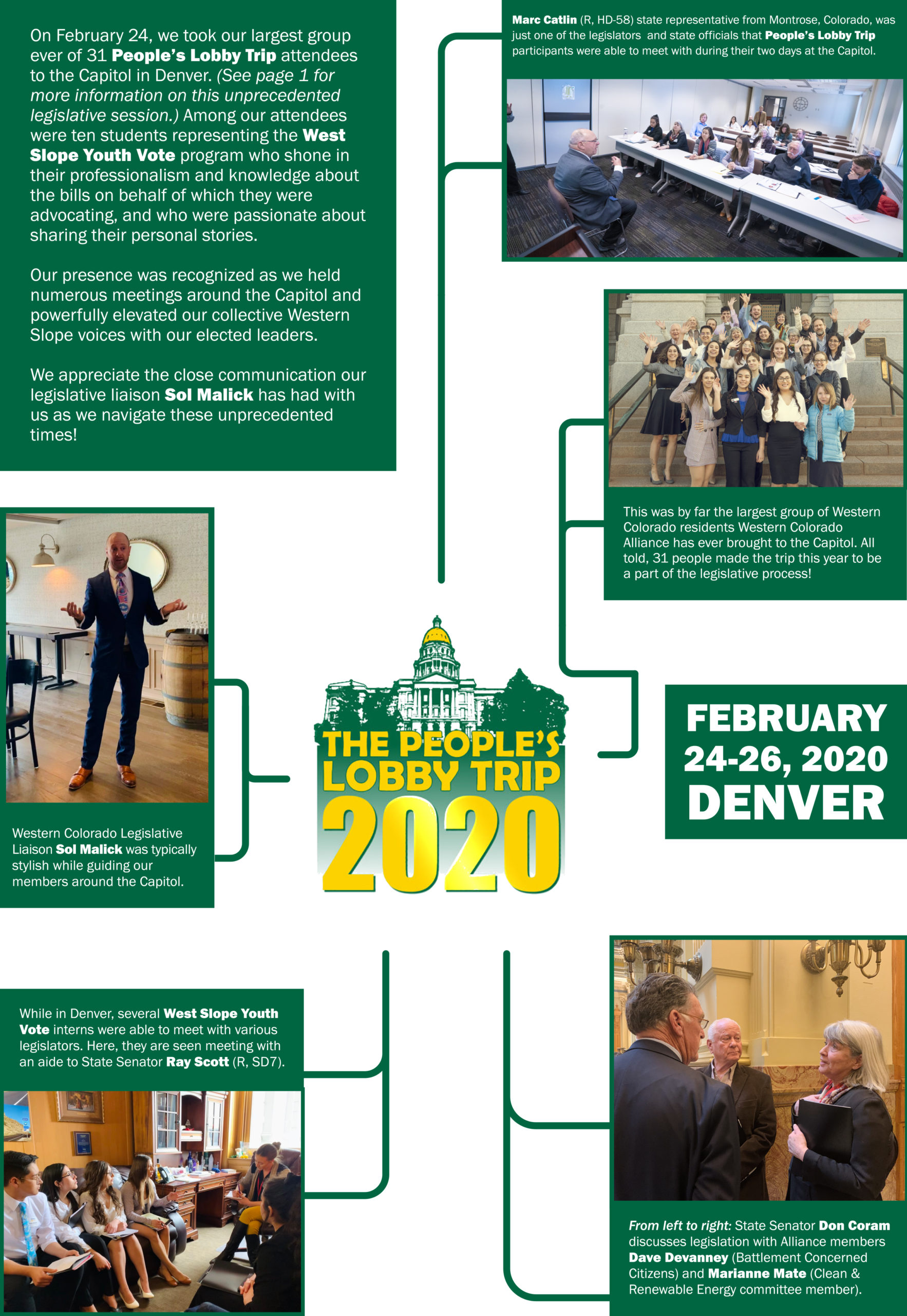 This image shows a collage of photographs from the recent 2020 People's Lobby Trip, demonstrating how Western Colorado residents were able to interact with political leaders and legislators.