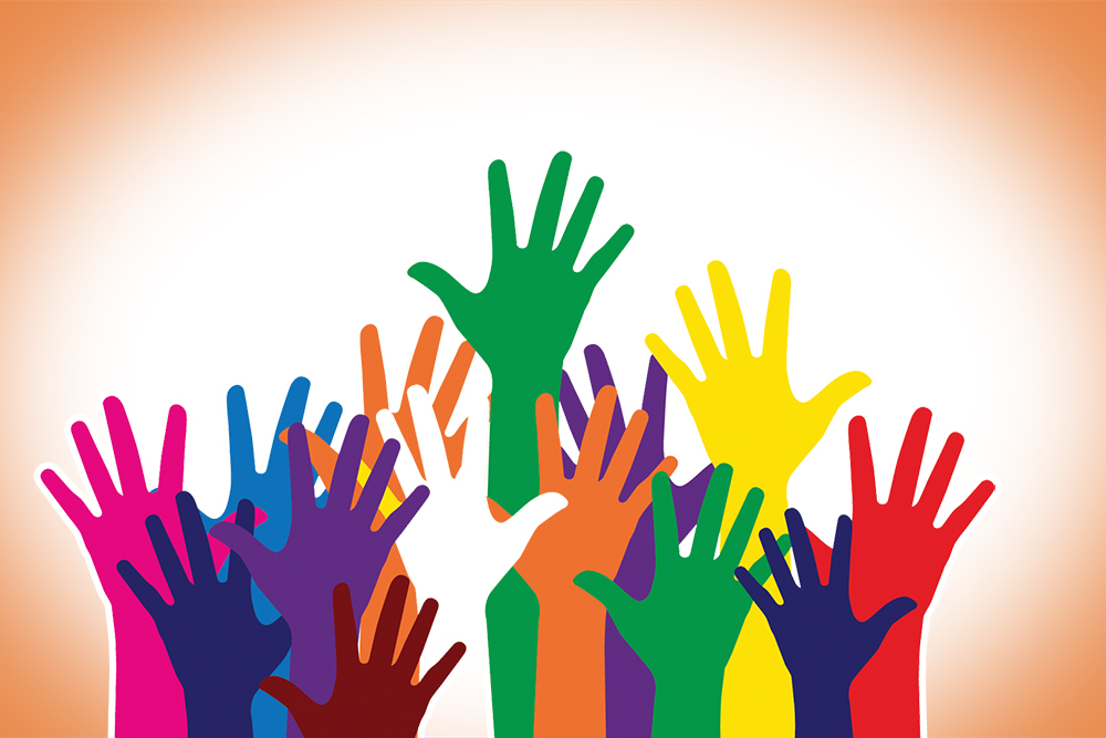 Illustration of multi colored hands raised