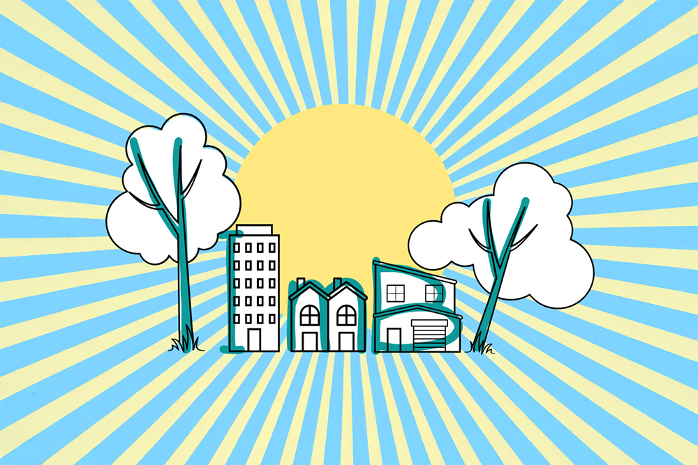 yimby-revised-1000×667 Some trees and buildings spell the acronym, "YIMBY" in front of a sun with radiating rays