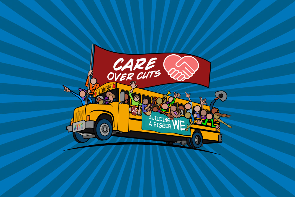 COC-web-story-1000×667 A cartoon bus packed with diverse cartoon people drives under a giant banner reading "Care Over Cuts"