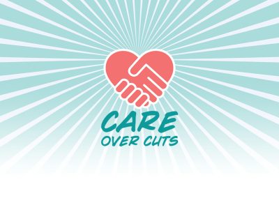 COC-radialpsd copy A graphic heart is formed by two hands shaking with the words "CARE OVER CUTS" below. All this on a background of radiating cyan lines.