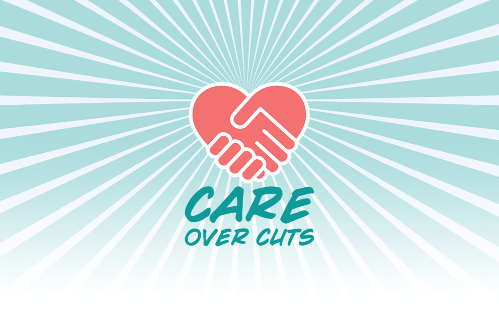 A graphic heart is formed by two hands shaking with the words "CARE OVER CUTS" below. All this on a background of radiating cyan lines.