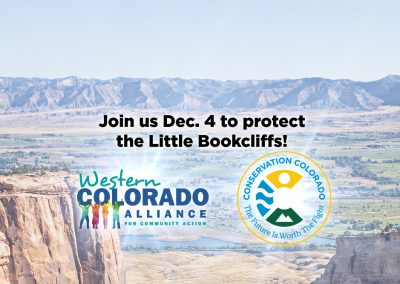 leasing commenting illo – 1000×667 We see the Bookcliffs in the distance behind the Colorado National Monument. The words "Join us Dec. 4 to protect the Little Bookcliffs!" appear along with the Alliance logo and the Conservation Colorado logo.