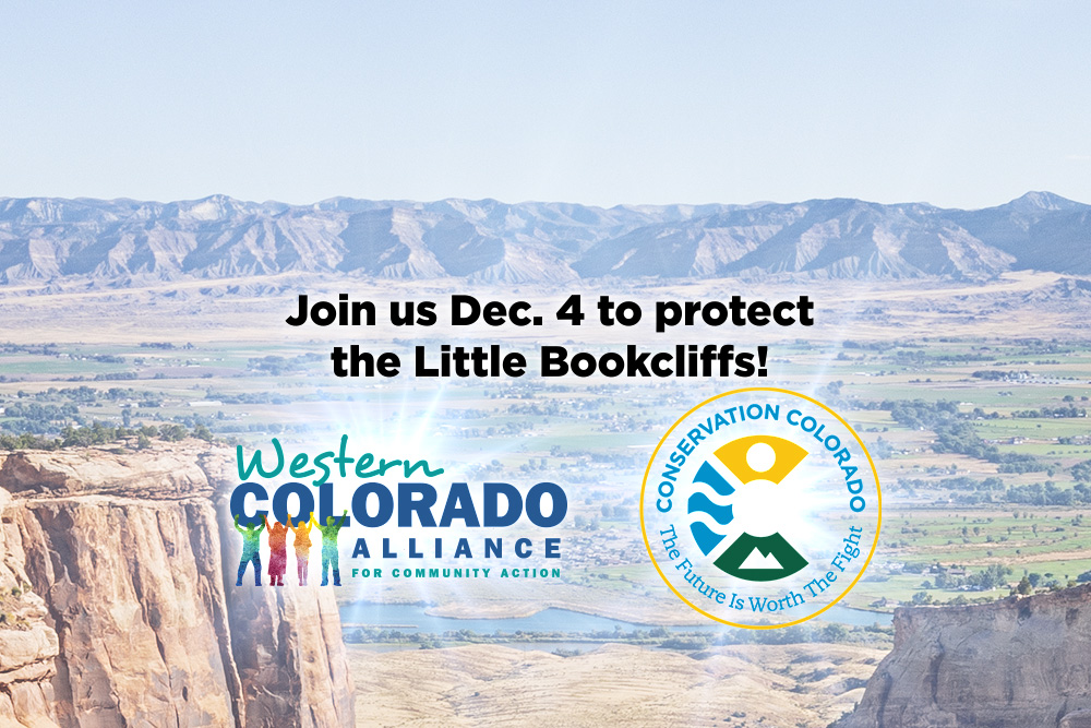 We see the Bookcliffs in the distance behind the Colorado National Monument. The words "Join us Dec. 4 to protect the Little Bookcliffs!" appear along with the Alliance logo and the Conservation Colorado logo.