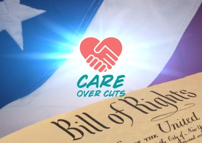 minn-solidarity-1000ร667 The Care Over Cuts logo is seen over an image of the Bill of Rights sitting on a US flag background