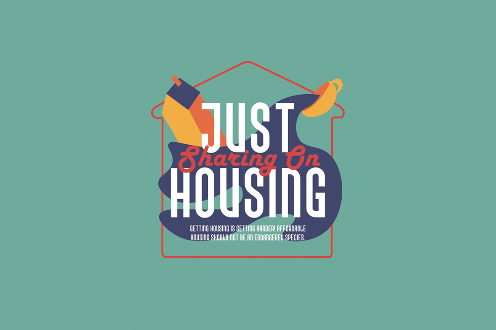 Coffee Chats-Logo-Only We see the Just Housing logo over a flat green background with the words, "GETTING HOUSING IS GETTING HARDER! AFFORDABLE HOUSING SHOULD NOT BE AN ENDANGERED SPECIES" below it.