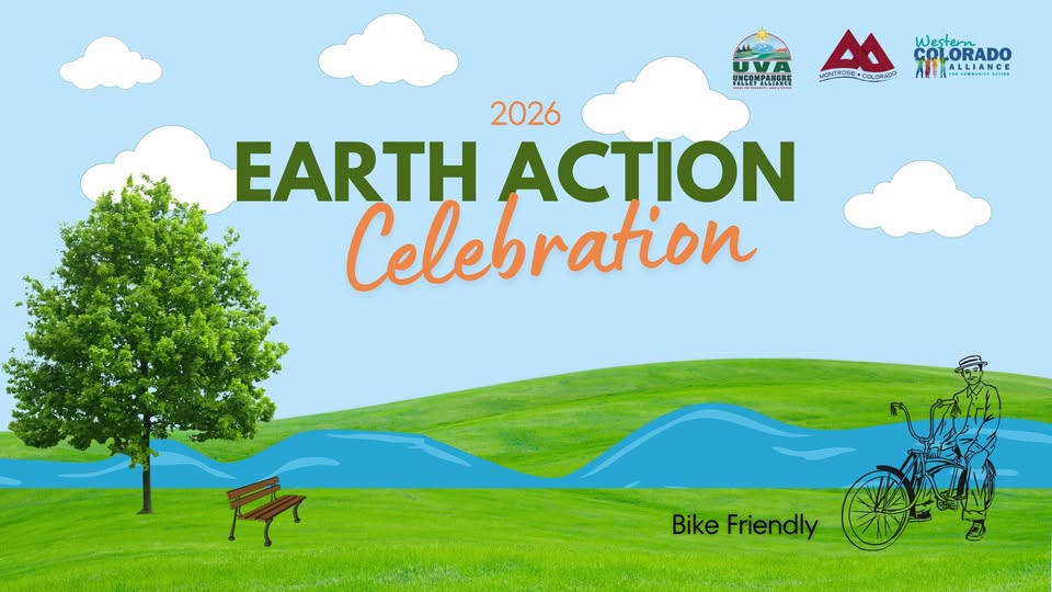 A painting of a park with a brook or river and a tree, and a bicyclist, over which, the words, "2026 Earth Action Celebration" appear