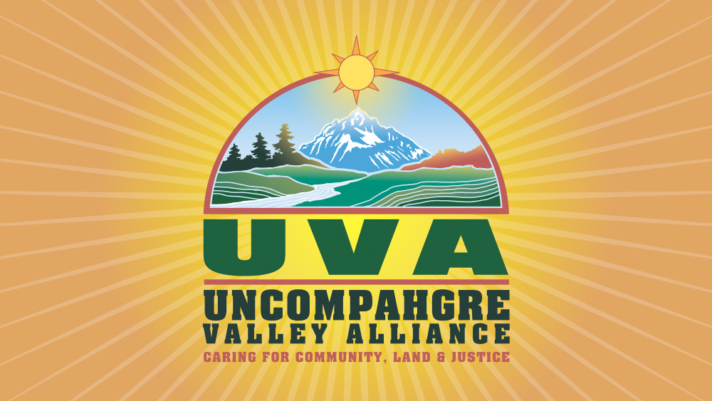 The Uncompahgre Valley Alliance logo is seen over golden radiating lines on an orange background