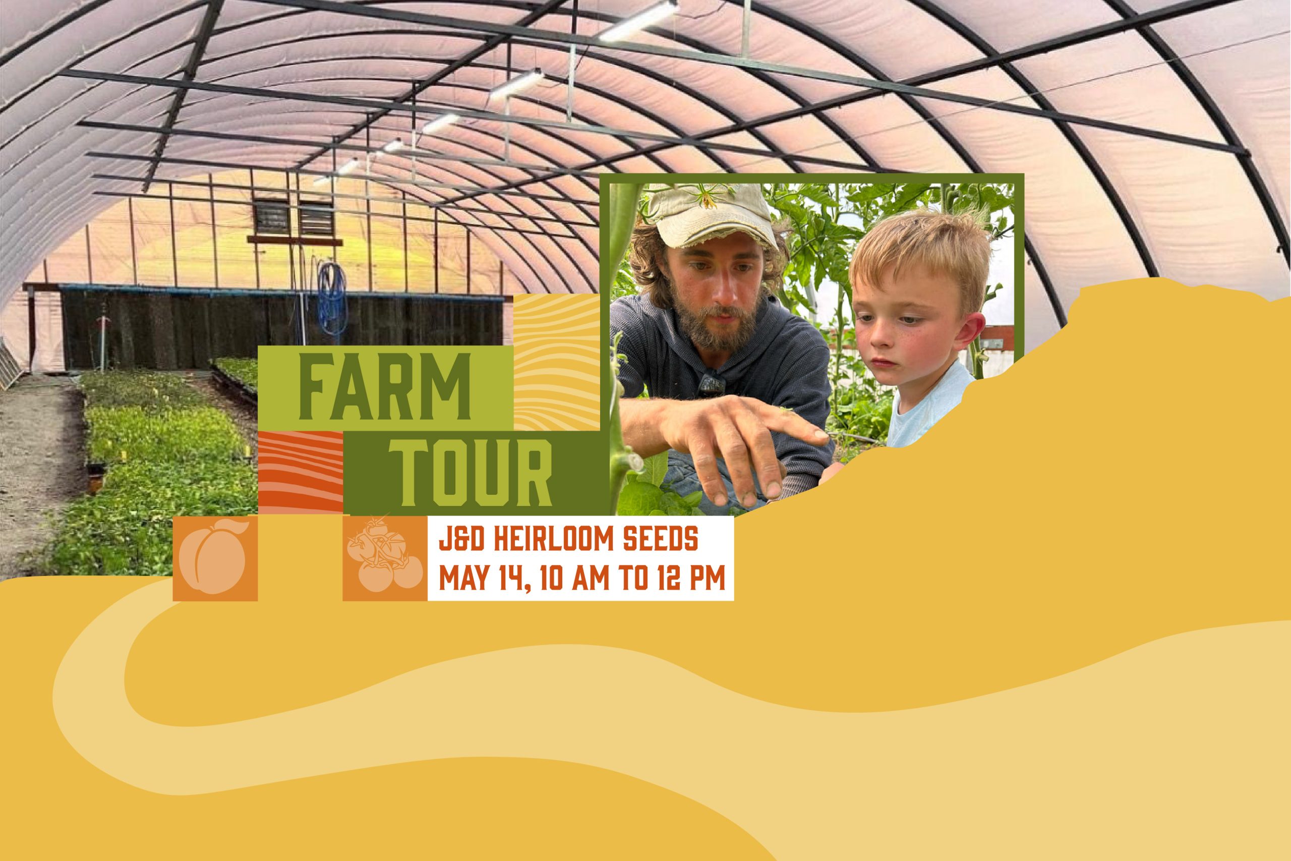 J&DTourBlog1 Images of Dodi from J&D Heirloom Seeds looking at a bug with a child, and a sunset in their greenhouse. Overlaid is colorful squares, a silhouette of Mt. Garfield, and the text "Farm Tour J&D Heirloom Seeds May 14, 10 am to 12 pm"