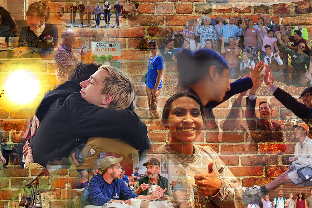 talk-to-an-organizer-web-1000×667 A collage of people engaged in Western Colorado Alliance events. Most foregrounded are a picture of a young woman smiling and giving a thumb's up, and two members embracing. We can also see a politician high-fiving some West Slope Youth Voice students, and several workshops and events hosted by the Alliance