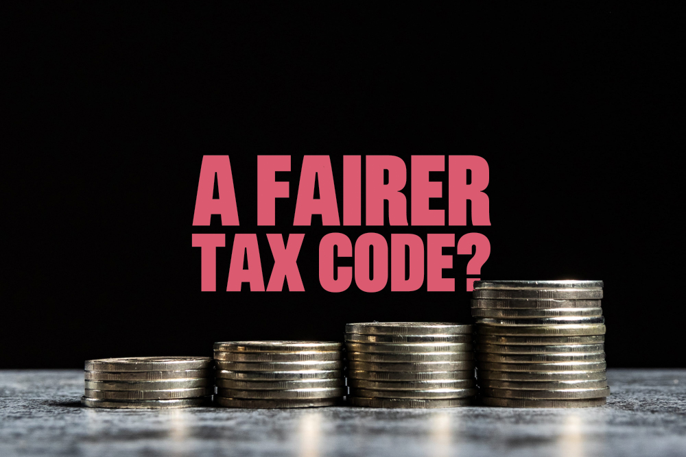 GIT-illustration-BLOG-1000×667 Four stacks of coins, each taller than the one before it, sit on a tabletop against a black background. The words "A FAIRER TAX CODE?" appear in red.