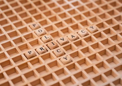 panoramic view to beautiful lake Hopfensee in Bavaria, Germany A Scrabble-like wooden grid has tiles arranged to read, "PRIVACY POLICY."