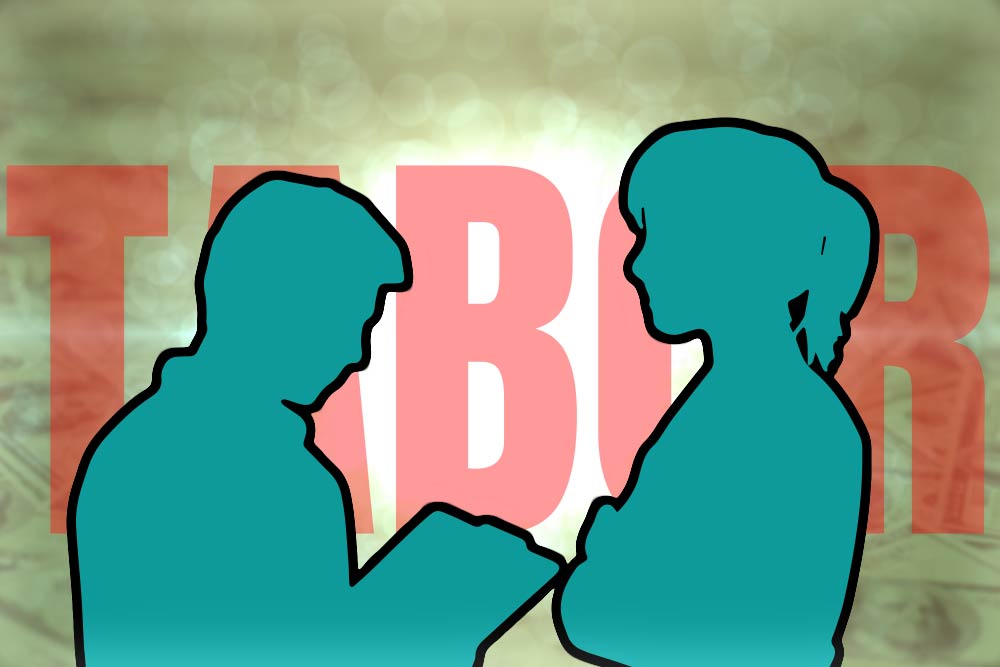 Silhouettes of a man with a clipboard and a woman speaking over a blurred background of money with the word "TABOR" superimposed