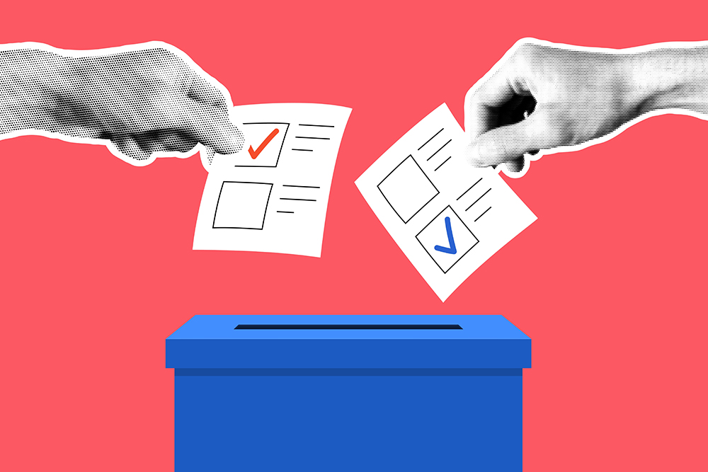 election-integrity-blog-1000×667 Two hands (rendered in b&w halftone) are placing votes in a ballot box