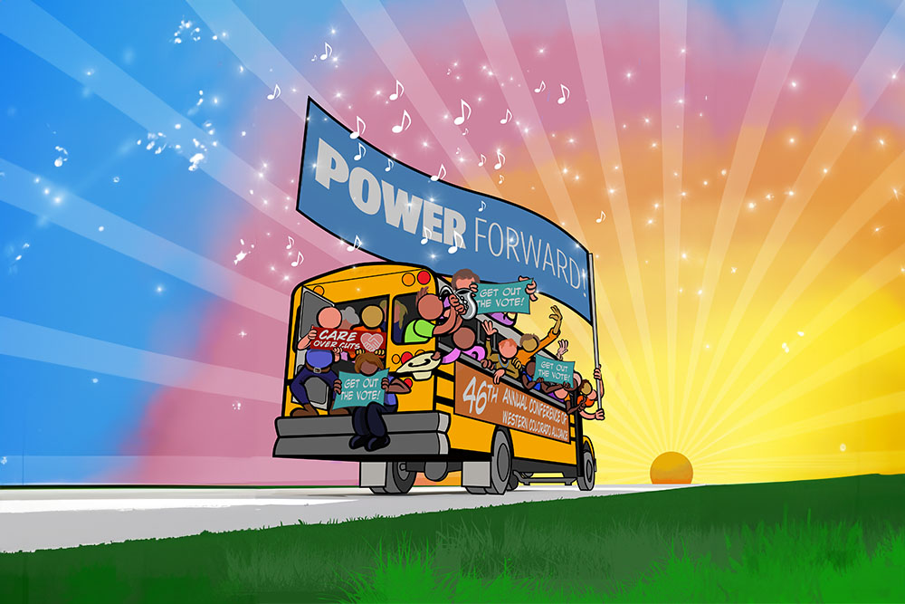 power-forward-blog-1000×667 We see a cartoon schoolbus packed with diverse people and a banner above that reads: "Power Forward!" as they drive toward a beautiful sunrise.