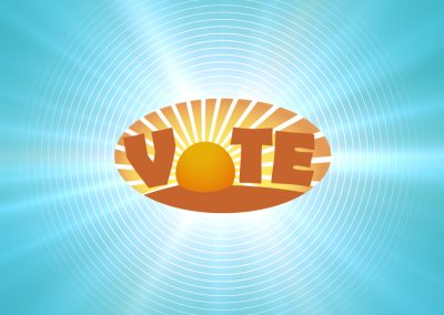 Comp 1 (0-00-00-00) The word "VOTE" (with a rising sun forming the "O") is seen against a cyan background