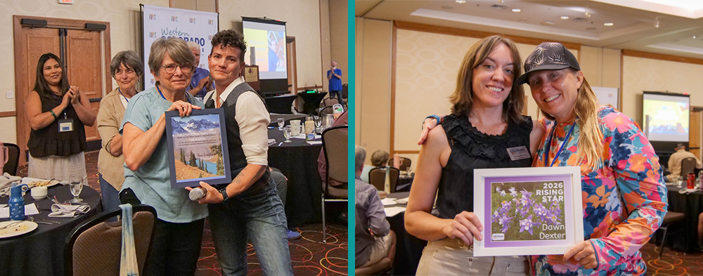 Two photos, one showing Emily Hornback posing with Deb Allerton, and the other showing Hanna Arauza posing with Dawn Dexter