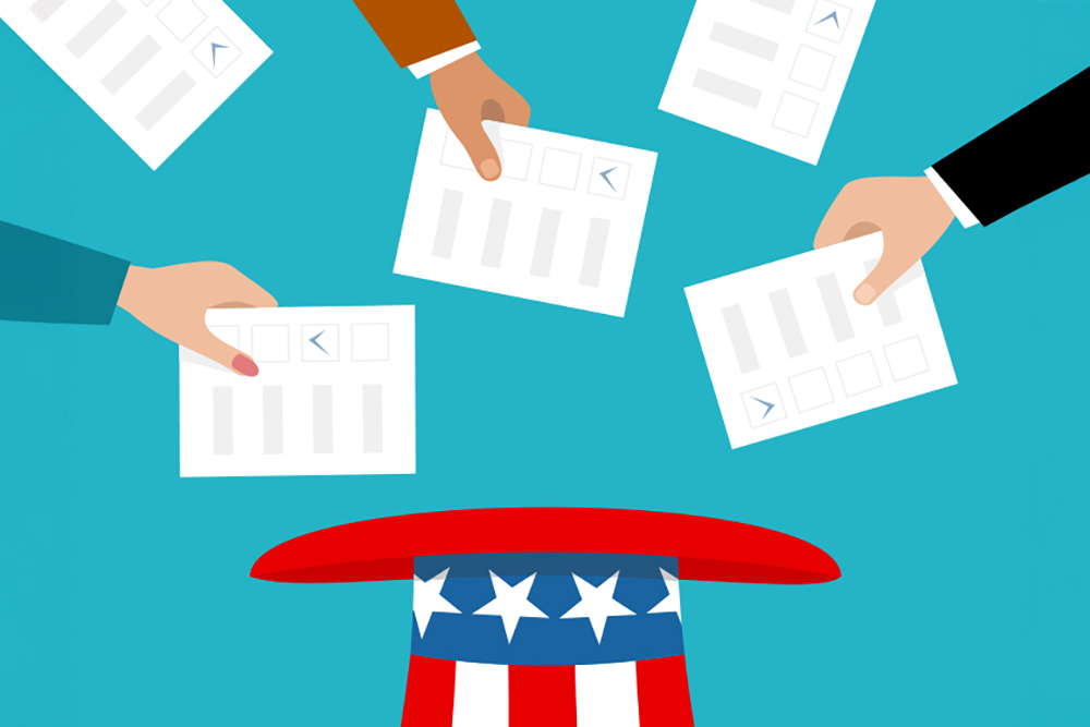A drawing of multiple hands dropping ballots into a red, white, and blue top hat, all on a cyan background