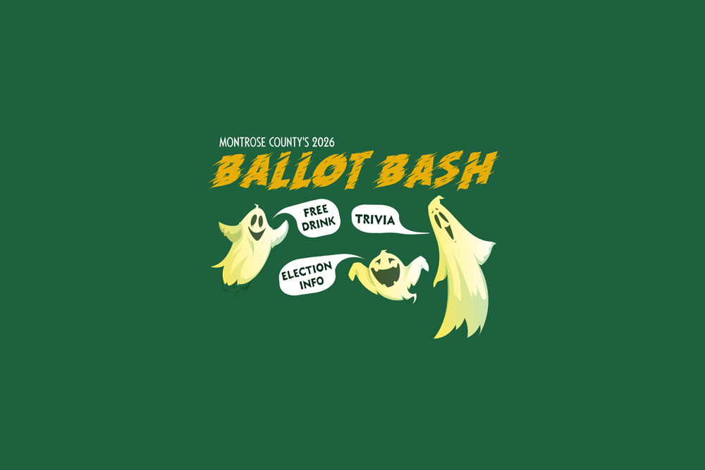 Some cartoon ghosts cavort around the Ballot Bash logo on a field of green